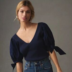 Maeve by Anthropology Elegant Navy Puff 3/4 Sleeve Ribbed Knit V-neck Top